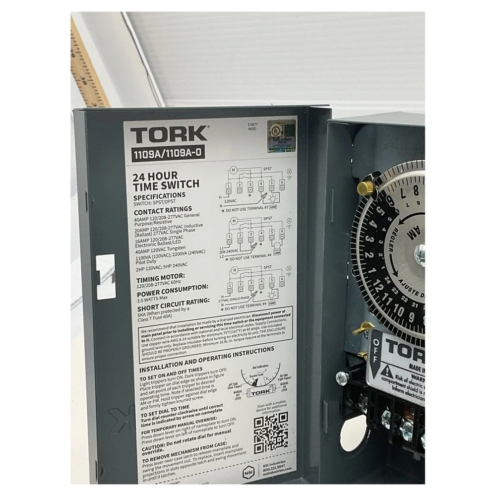 Tork 1109A 24 Hour Mechanical‎ Time Switch 40A 120V-277V SPST/DPST Type 1